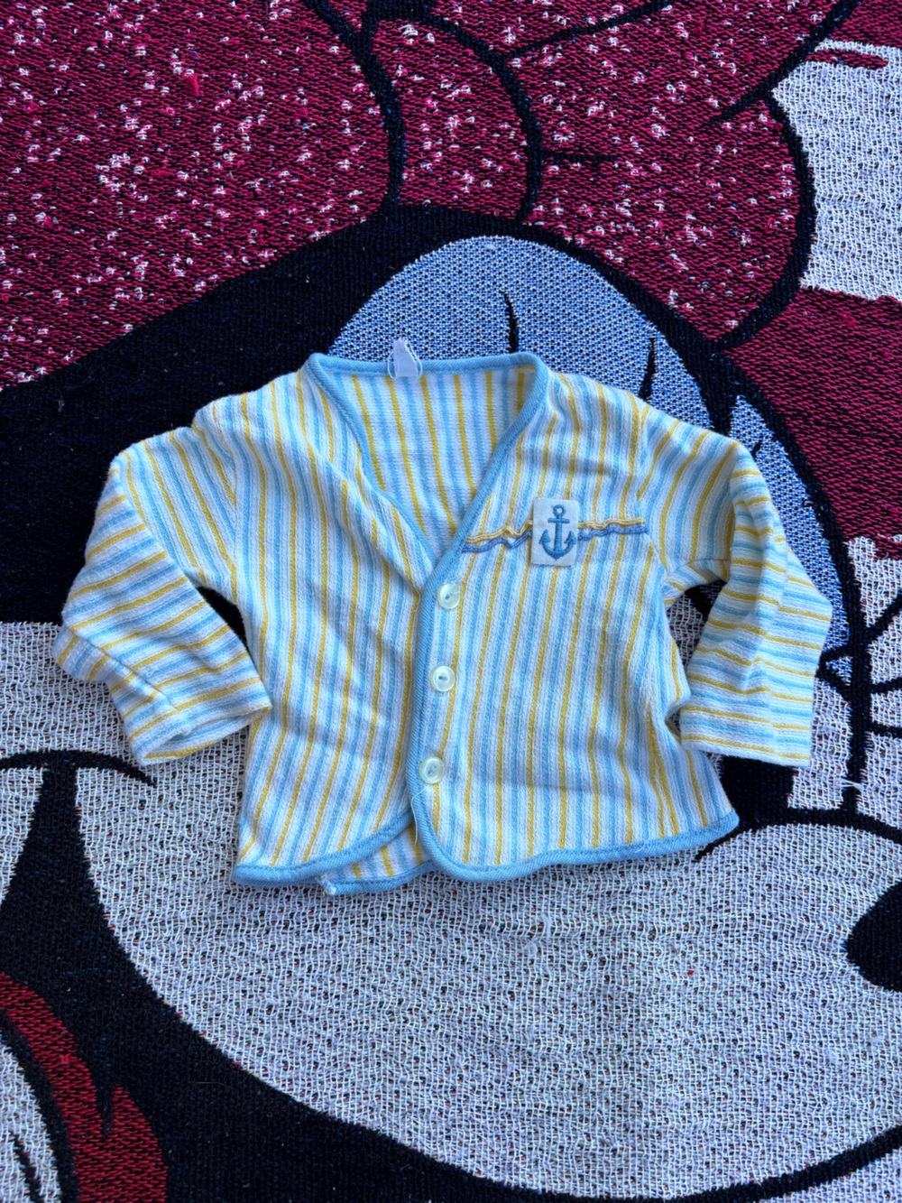 VINTAGE YELLOW BLUE STRIPED ANCHOR PATCH BABY JACKET NAUTICAL SIZE 3 MONTHS